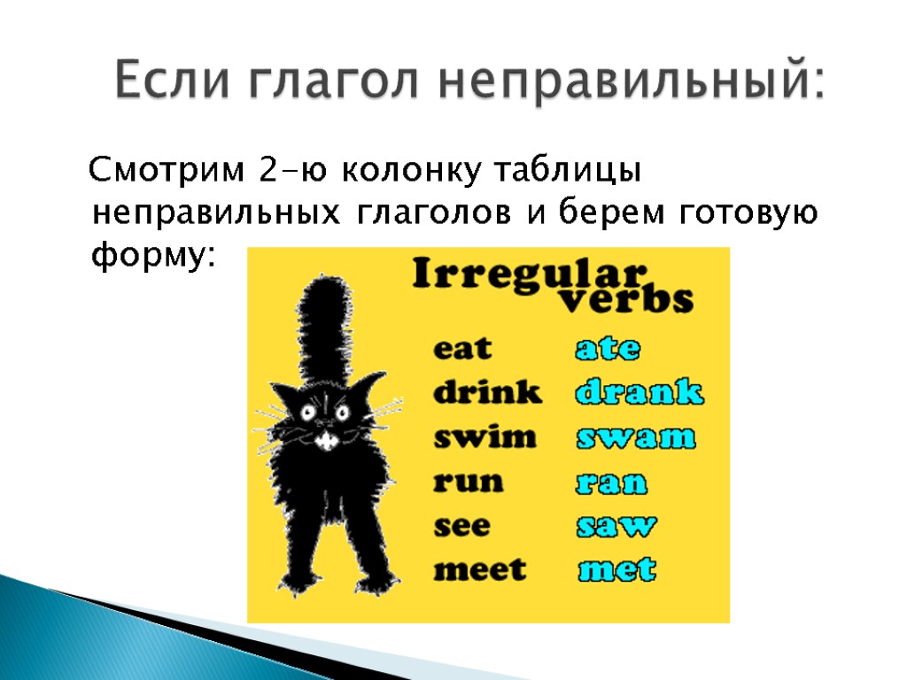 Смотрим 2-ю колонку таблицы неправильных глаголов и берем готовую форму: Если глагол неправильный: